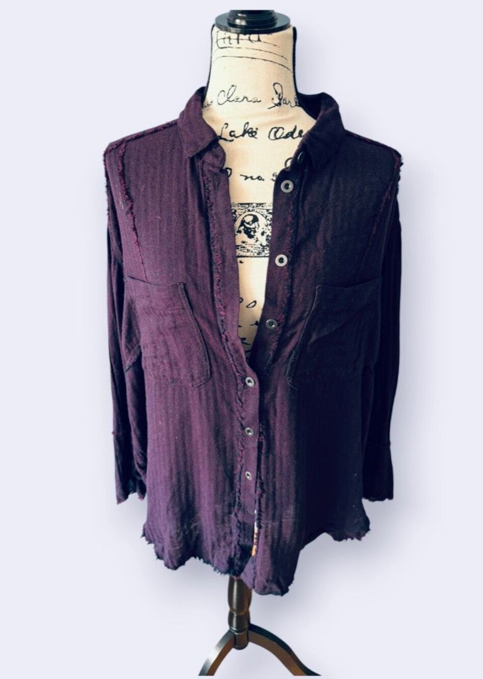 We The Free People Plum Purple Raw Hem Linen Blend Button Down Shirt Top Size M